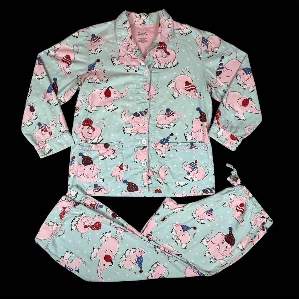 Nick & Nora Pajama Set Women M Mint Pink Ice Skating Elephant Cotton PJ Whimsy